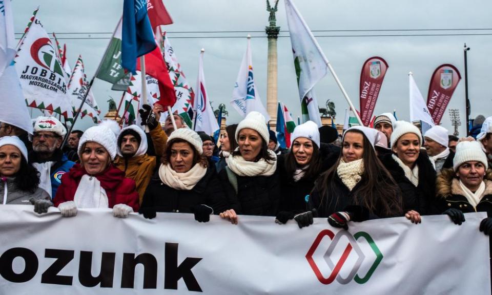 Women in Budapest march in protest against the exploitative changes to Hungary’s labour laws masterminded by Viktor Orbán