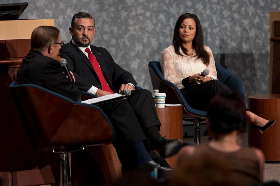 Texas Tribune CEO Evan Smith, left, speaks at a panel discussion with three of El Paso's state legislative representatives on Tuesday at UTEP's Undergraduate Learning Center. Also shown are state Sen. César Blanco and state Rep. Claudia Ordaz Perez.