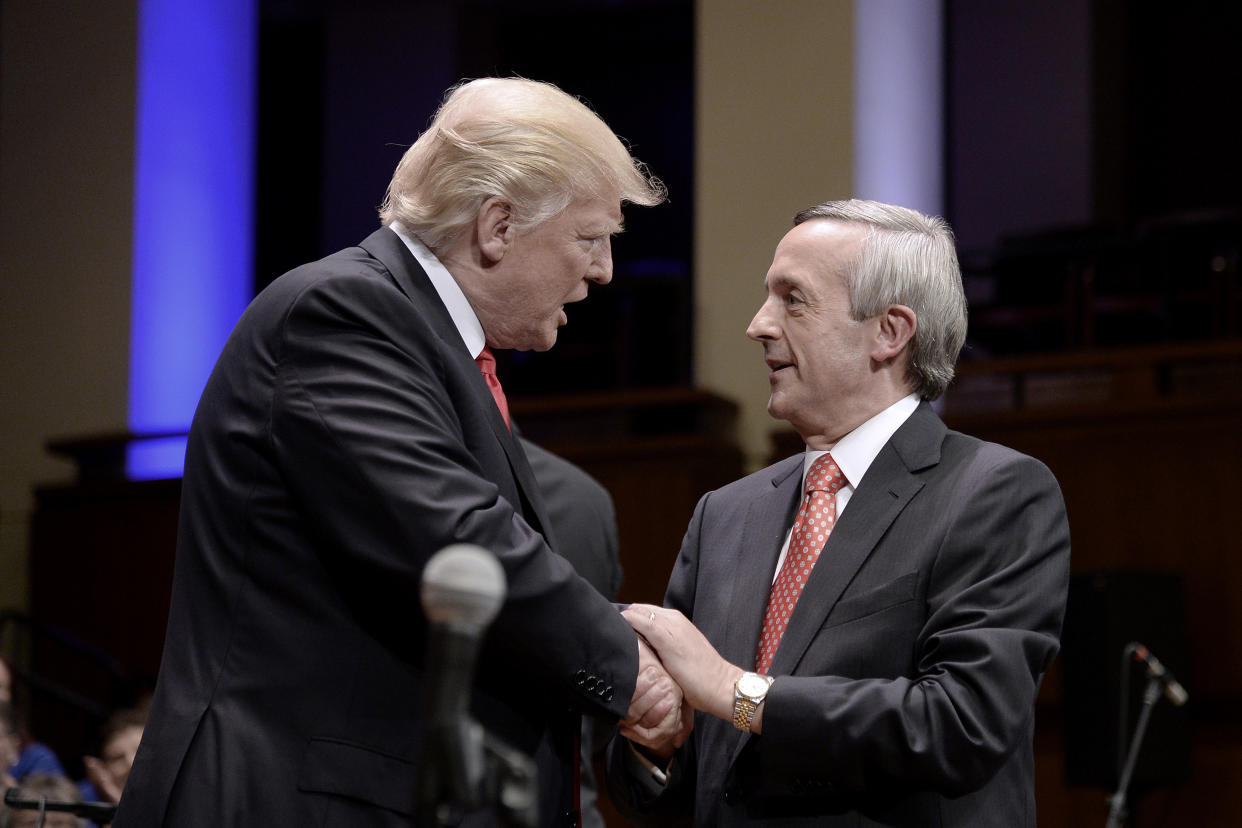 President Donald Trump, left, speaks with the Rev. Robert Jeffress during the “Celebrate Freedom” event at the John F. Kennedy Center for the Performing Arts in Washington, D.C., on Saturday, July 1, 2017. (Photo: Olivier Douliery/Bloomberg)