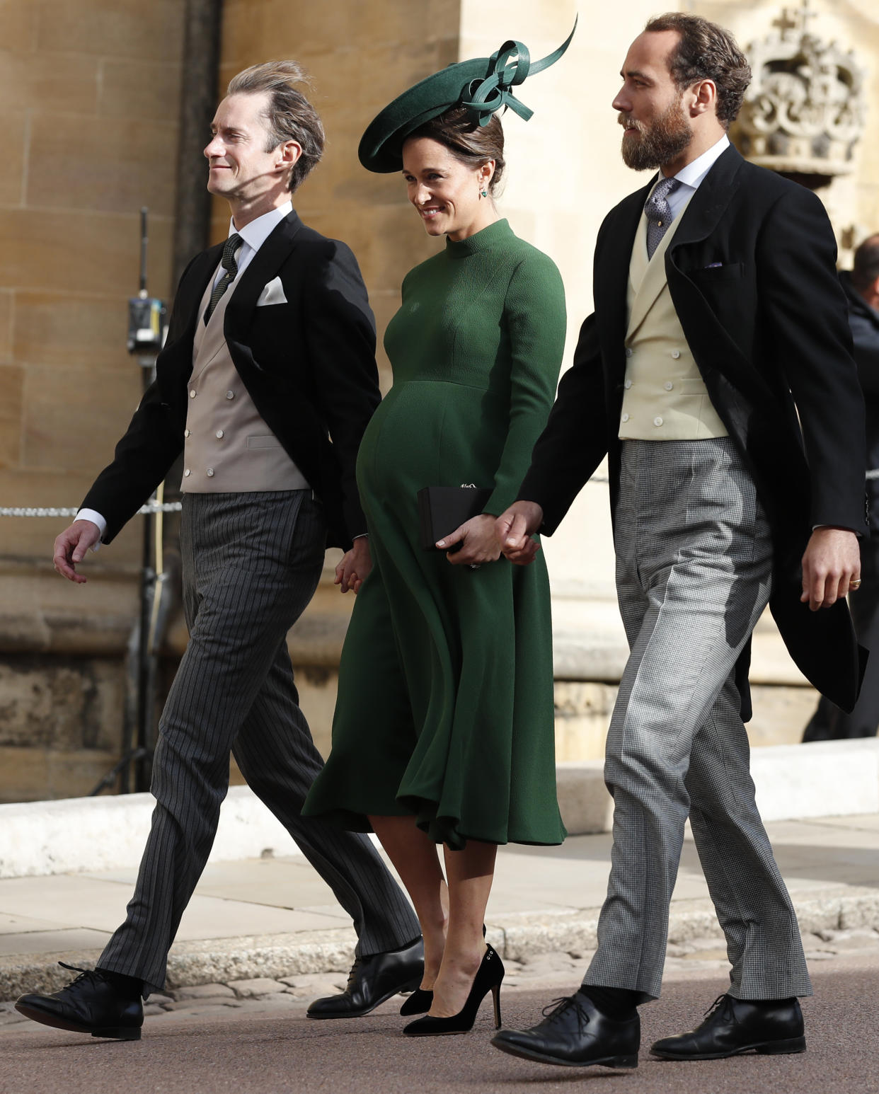 James Middleton, Pippa Middleton, and James Matthews arrive for the wedding of Princess Eugenie of York and Jack Brooksbank at St. George’s Chapel, Windsor Castle, Oct. 12, 2018. (Photo: Alastair Grant/WPA Pool/Getty Images)