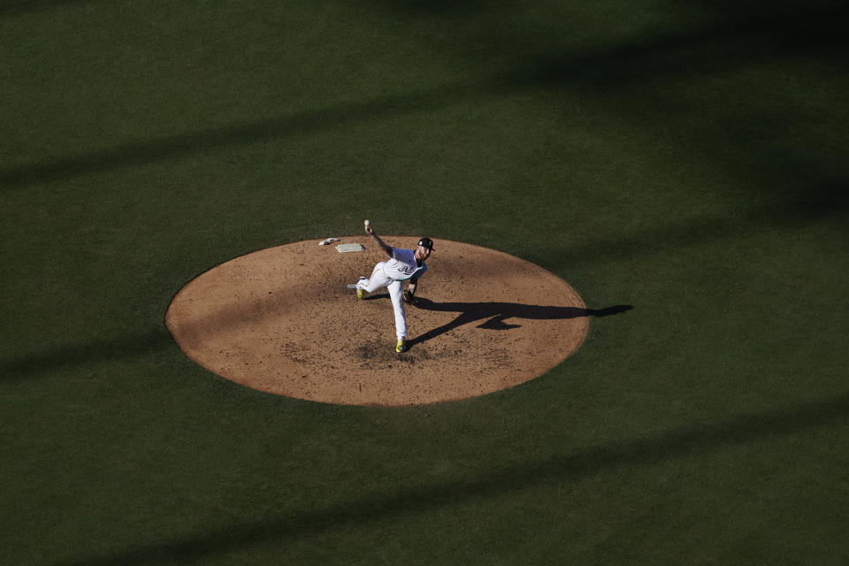 National League pitcher Mike Burrows throws to an American League batter during the MLB All-Star Futures baseball game, Saturday, July 16, 2022, in Los Angeles. (AP Photo/Jae C. Hong)