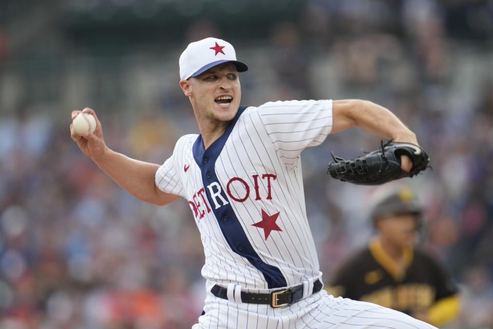 Detroit Tigers pitcher Matt Manning throws against the San Diego Padres in the first inning of a baseball game, Saturday, July 22, 2023, in Detroit. (AP Photo/Paul Sancya)