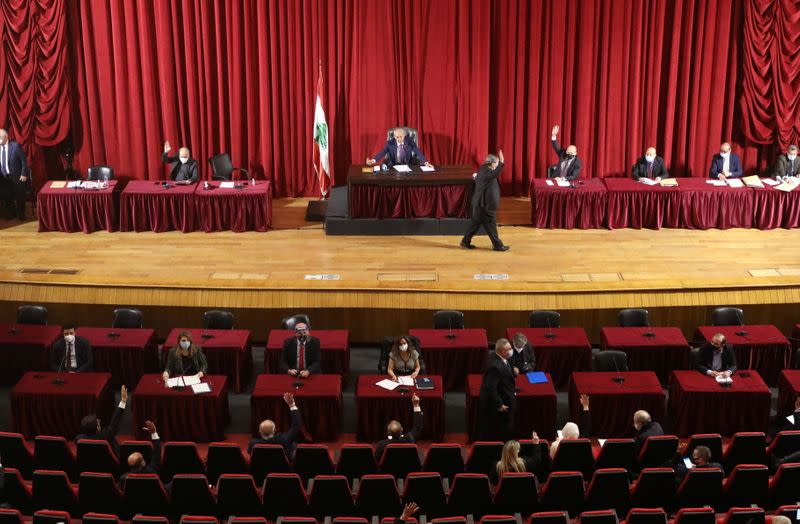 Lebanese Parliament Speaker Nabih Berri heads a legislative session, as Lebanon's parliament approved a law that paves the way for the government to ink deals for coronavirus vaccinations, at UNESCO Palace in Beirut