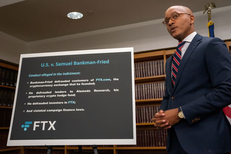 U.S. attorney Damian Williams speaks to the media regarding the indictment of Samuel Bankman-Fried the founder of failed crypto exchange FTX