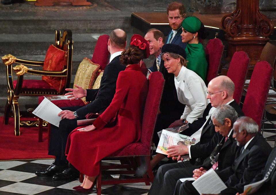 Britain's Prince William, Duke of Cambridge (L) and Britain's Catherine, Duchess of Cambridge (2nd L) chat with Britain's Prince Edward, Earl of Wessex (3rd L) and Britain's Sophie, Countess of Wessex (3rd R) as Britain's Prince Harry, Duke of Sussex (2nd R) and Meghan, Duchess of Sussex (R) sit behind, inside Westminster Abbey as they attend the annual Commonwealth Service in London on March 9, 2020. - Britain's Queen Elizabeth II has been the Head of the Commonwealth throughout her reign. Organised by the Royal Commonwealth Society, the Service is the largest annual inter-faith gathering in the United Kingdom. (Photo by Phil Harris / POOL / AFP) (Photo by PHIL HARRIS/POOL/AFP via Getty Images)