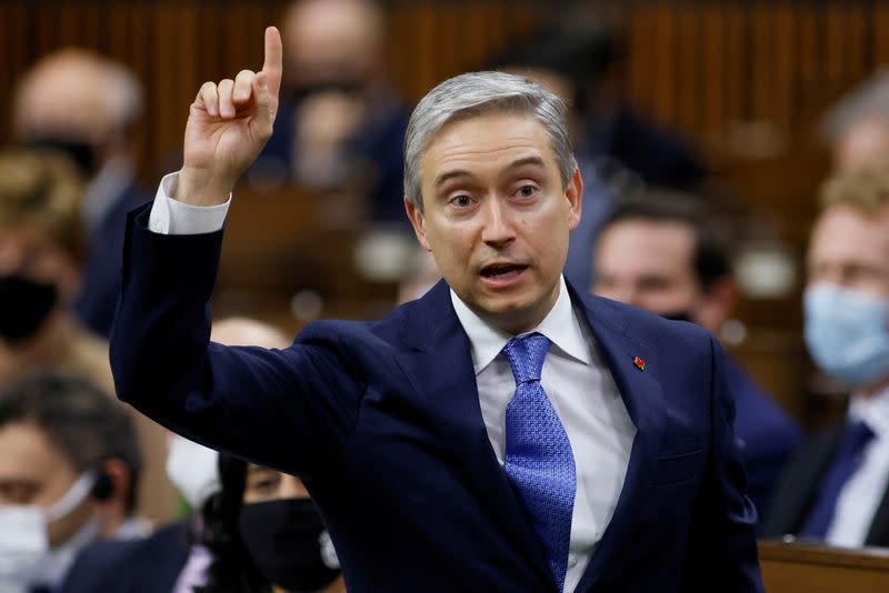 FILE PHOTO: Canada's Minister of Innovation, Science and Industry Francois-Philippe Champagne speaks during Question Period in the House of Commons on Parliament Hill in Ottawa