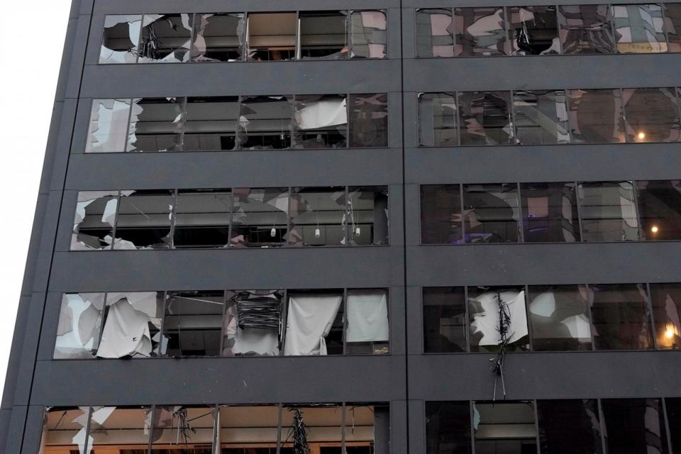 PHOTO: Blown out windows of a downtown high-rise building are shown following a severe thunderstorm on May 17, 2024 in Houston.  (David J. Phillip/AP)