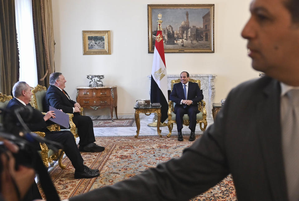 U.S. Secretary of State Mike Pompeo, second left, meets with Egyptian President Abdel-Fattah el-Sissi in Cairo, Thursday, Jan. 10, 2019. Pompeo is in Cairo for talks with Egyptian leaders as he continues a nine-nation Middle East tour aimed at reassuring America's Arab partners that the Trump administration is not walking away from the region. (Andrew Caballero-Reynolds/Pool Photo via AP)