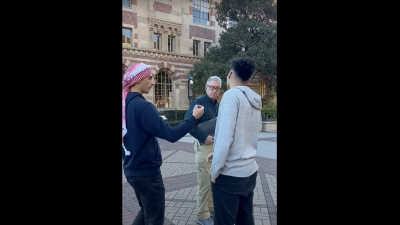 USC professor John Strauss and protesters