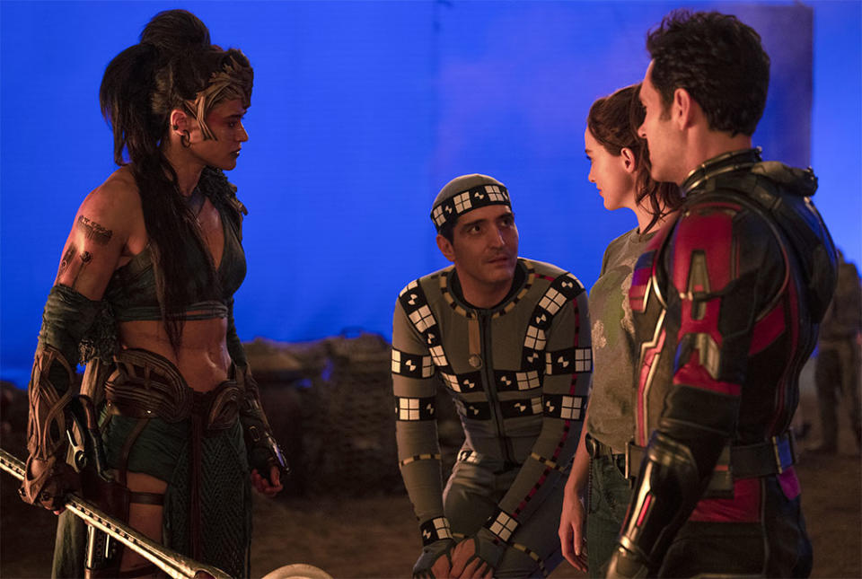 Katy O'Brian, David Dastmalchian, Kathryn Newton, and Paul Rudd behind the scenes of Marvel Studios' ANT-MAN AND THE WASP: QUANTUMANIA.