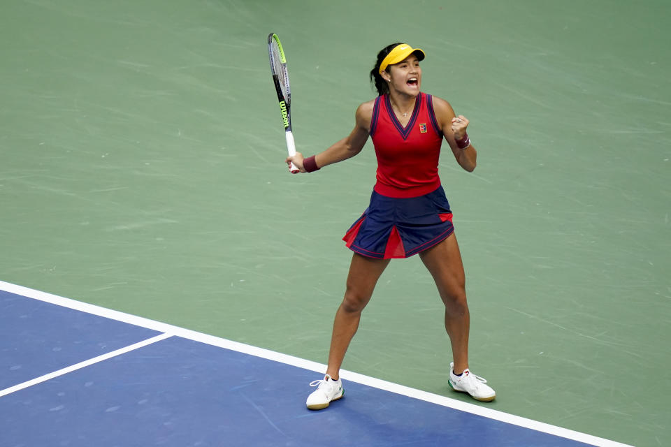 Emma Raducanu, of Britain, reacts after scoring a point against Leylah Fernandez, of Canada, during the women's singles final of the US Open tennis championships, Saturday, Sept. 11, 2021, in New York. (AP Photo/Frank Franklin II)