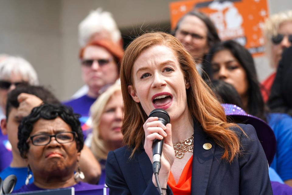 Senator Mallory McMorrow speaks to the crowd on Monday, May 22, 2023, outside of the 44th District Court in Royal Oak.