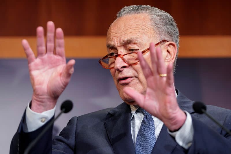 Senate Minority Leader Schumer holds news conference before Trump impeachment trial reconvenes on Capitol Hill in Washington