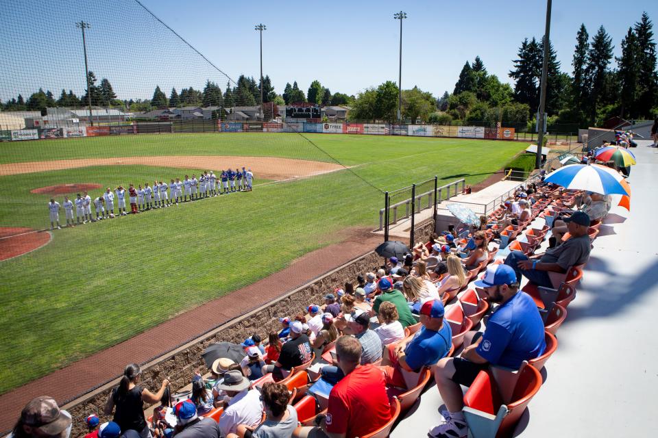 Fans fill the home team side of Swede Johnson Stadium as the Emerald Challengers host the Portland Barbers in the Oregon American Legion Baseball AAA State Tournament on July 26 in Eugene.