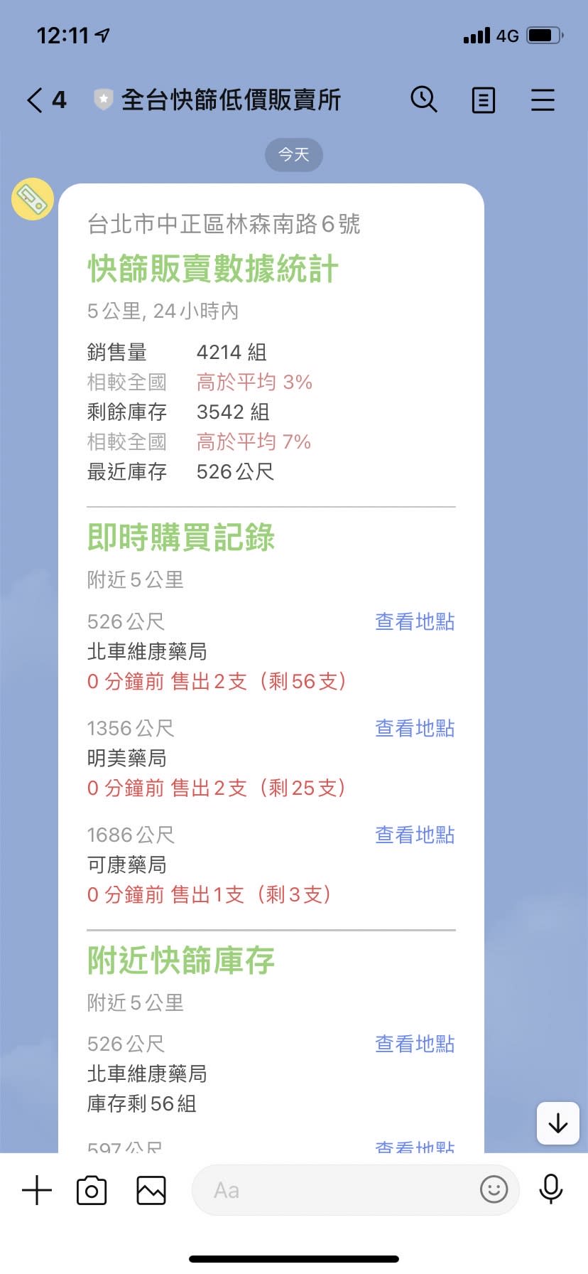 在LINE上也會根據定位，顯示附近藥局的試劑庫存量。（圖／東森新聞）