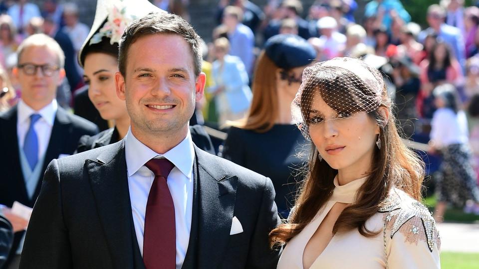 Patrick J. Adams and Troian Bellisario at Meghan and Harry's wedding in 2018