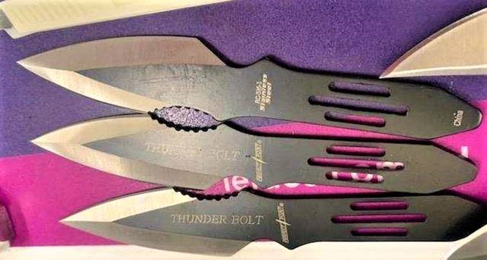 Three martial arts throwing knives were among the weapons pulled from an Alexandria man’s carry-on bag by TSA officers at Reagan National Airport on Wednesday. (Transportation Safety Administration)