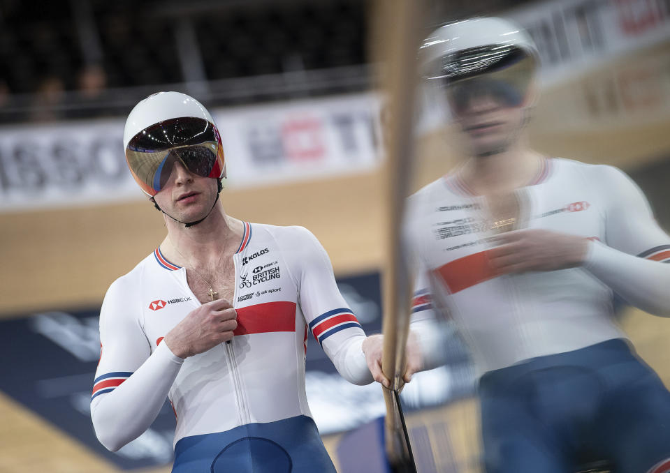 Jason Kenny, right, and Jack Carlin from Great Britain wait for the start for the first round qualification race of the team sprint during the Track Cycling World Championships in Berlin Wednesday, Feb. 26, 2020. (Photo: Sebastian Gollnow/dpa via AP)