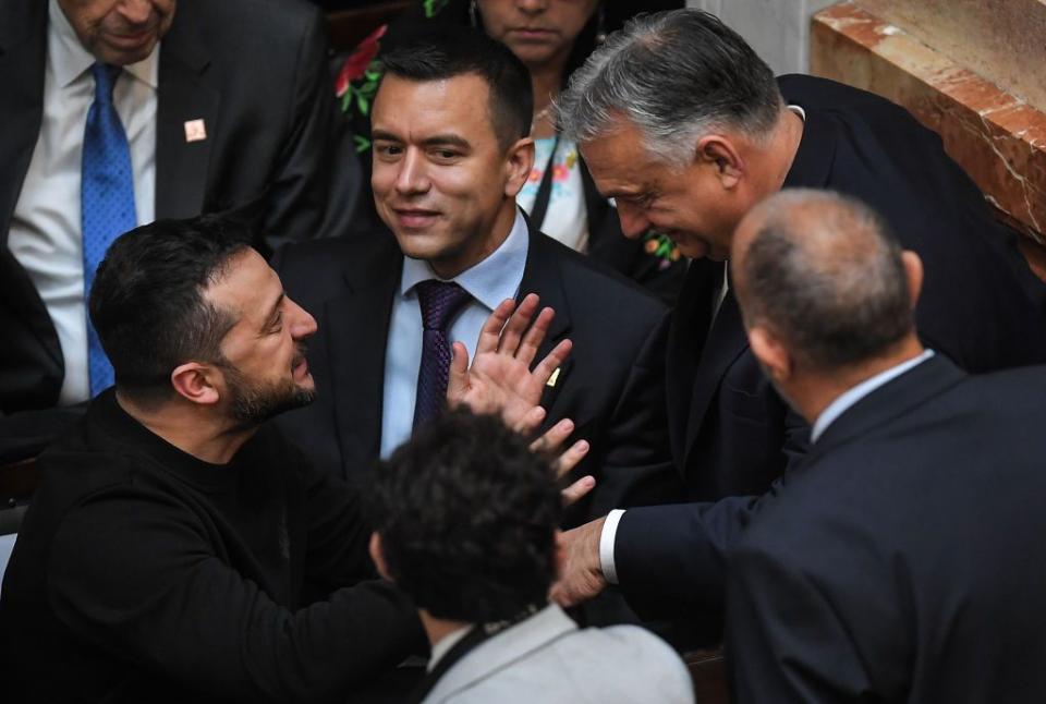 President Volodymyr Zelensky (L) and Hungarian Prime Minister Viktor Orban (R) attend the inauguration ceremony of Argentina's new President Javier Milei in Buenos Aires on Dec. 10, 2023. (Fernando Gens/picture alliance via Getty Images)