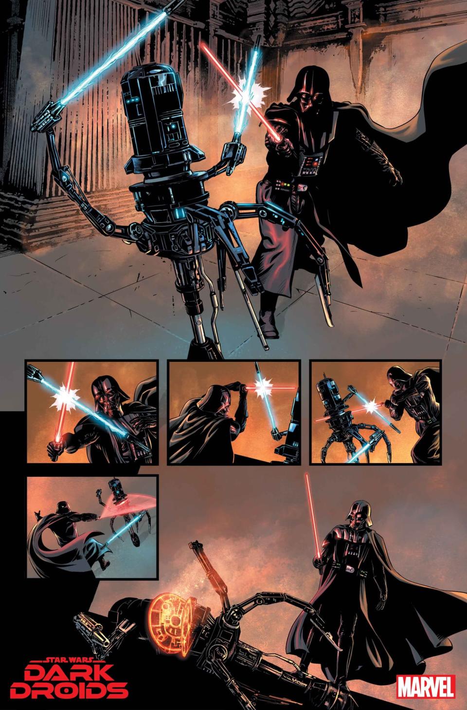 a series of comic book panels showing Darth Vader engaged in lightsaber combat with a droid