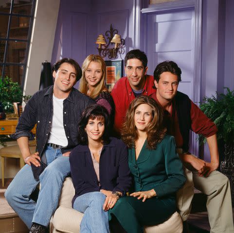 <p>Reisig & Taylor/NBCU Photo Bank/NBCUniversal via Getty</p> Matt LeBlanc as Joey Tribbiani, Lisa Kudrow as Phoebe Buffay, David Schwimmer as Ross Geller, Matthew Perry as Chandler Bing, Courteney Cox as Monica Geller, Jennifer Aniston as Rachel Green pictured in the first season of "Friends."