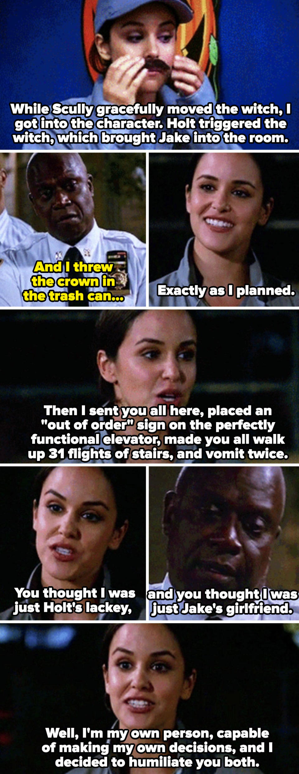 Amy telling Jake and Holt on the roof: "You thought I was just Holt's lackey, and you thought I was just Jake's girlfriend. Well, I'm my own person, capable of making my own decisions, and I decided to humiliate you both."