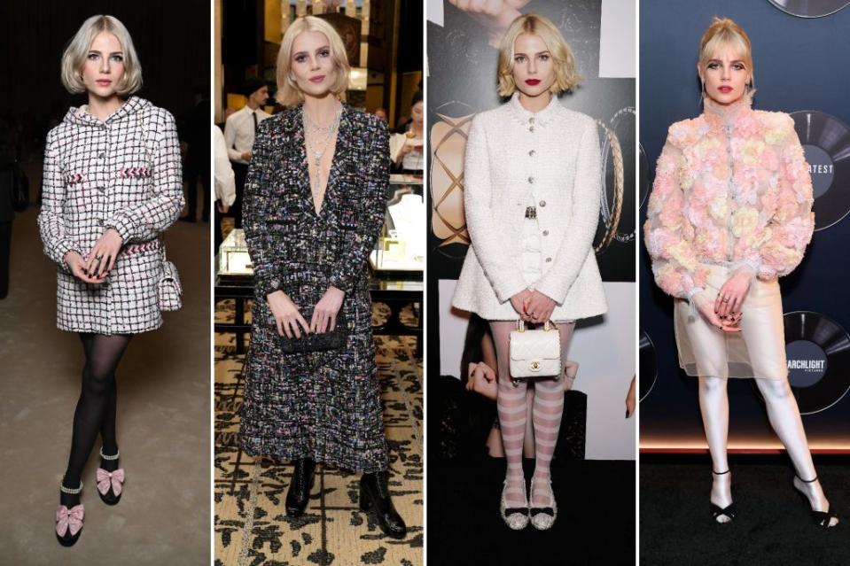 From left: In four separate Chanel looks, Boynton attends the house’s haute couture show, celebrates the opening of its Fifth Avenue boutique, appears at an event for the Coco Crush campaign and promotes “The Greatest Hits” at the film’s LA premiere. Images: Getty