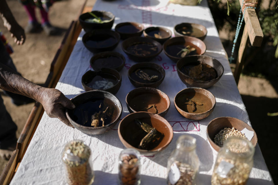 Un hombre indígena rarámuri coloca una ofrenda en un altar en la ceremonia sagrada Yúmari para pedir por lluvia y buenas cosechas y en honor de los curas jesuitas Javier Campos y Joaquín Mora que fueron asesinados en 2022 por el líder de una banda, en Cuiteco, México, el viernes 10 de mayo de 2024. Entre los habitantes de las montañas de Tarahumara, especialmente entre los indígenas rarámuri, los sacerdotes son a menudo percibidos como figuras profundamente queridas que ofrecen ayuda. (AP Foto/Eduardo Verdugo)