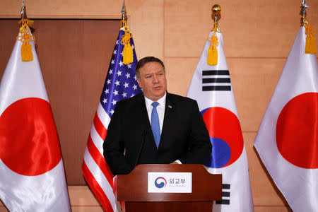 FILE PHOTO: U.S. Secretary of State Mike Pompeo addresses a news conference alongside South Korean Foreign Minister Kang Kyung-wha and Japan's Foreign Minister Taro Kono at the Foreign Ministry in Seoul, South Korea June 14, 2018. REUTERS/Kim Hong-ji/File Photo