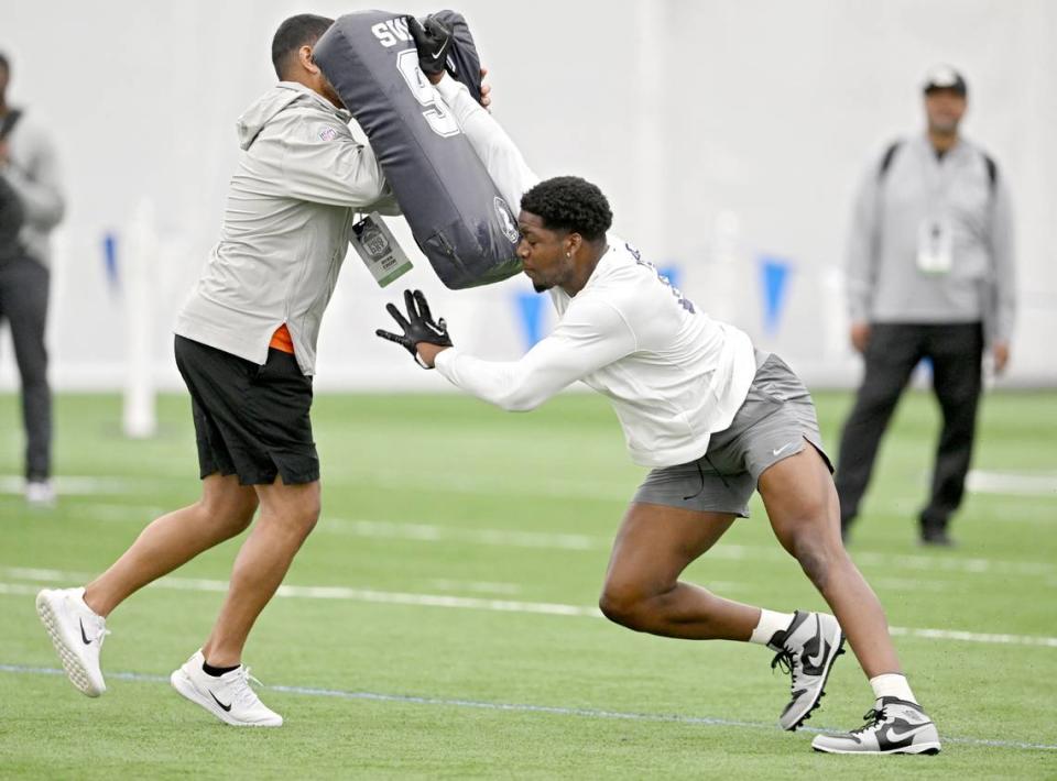 Defensive end Adisa Isaac runs position drills for NFL scouts at Penn State’s Pro Day on Friday, March 15, 2024 in Holuba Hall.