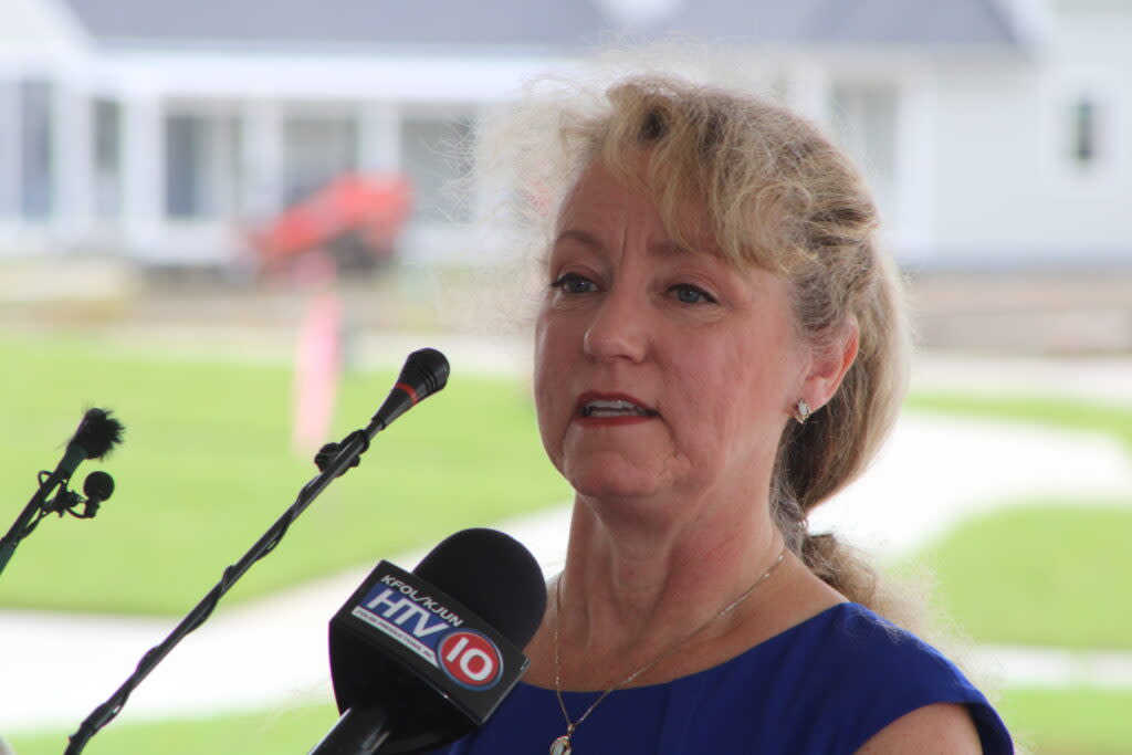 Representative Beryl Amedee speaks at an event for the relocation of members of the Isle de Jean Charles Choctaw tribe to a new residential development in Gray, Louisiana