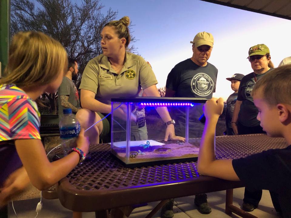 This Aug. 18, 2019, photo shows Park Ranger Anna Roberts, center, talking about scorpions and how to catch them in Lost Dutchman State Park, Arizona.