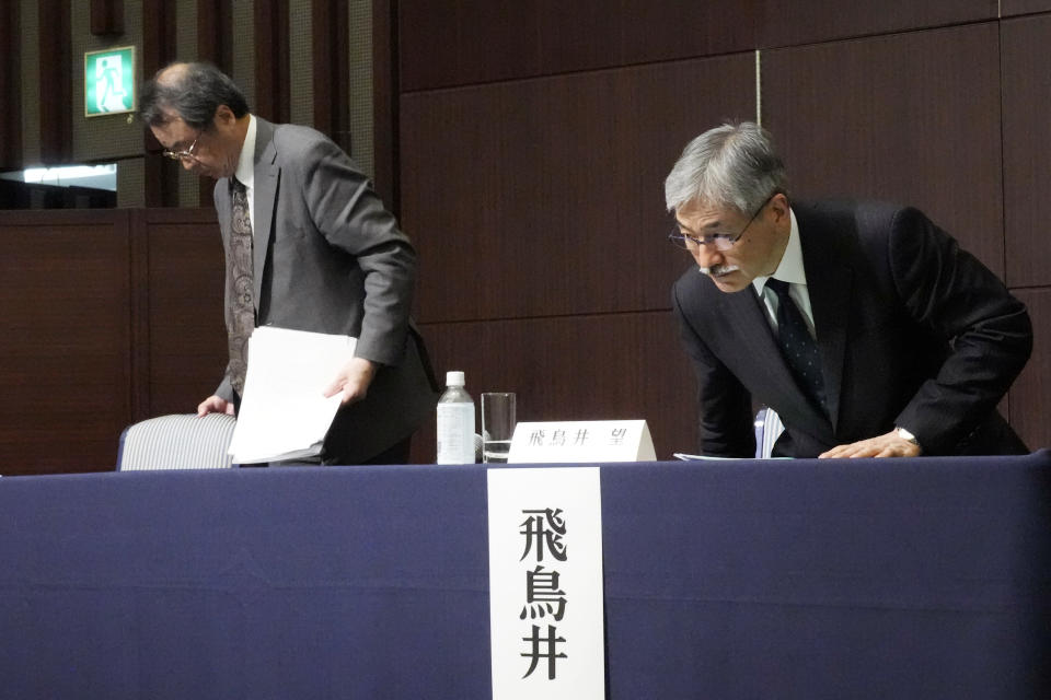 Lawyer and former Prosecutor General Makoto Hayashi, left, and Nozomi Asukai, psychiatrist who practices support for victims of sexual abuse, leave after attending a news conference Monday, June 12, 2023, in Tokyo. An investigation by a major Japanese talent agency into sexual abuse allegations against its founder won’t address monetary or criminality questions but rather aims to prevent such cases in the future, the lead investigator said Monday. (AP Photo/Eugene Hoshiko)