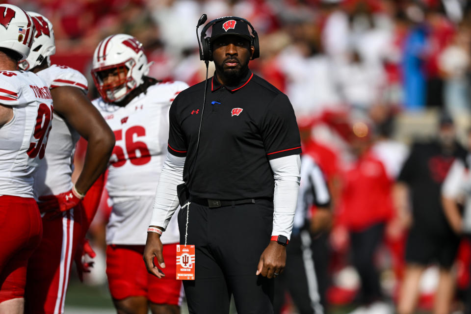 BLOOMINGTON, IN - NOVEMBER 04: Wisconsin Defensive Line coach Greg Scruggs during a college football game between the Wisconsin Badgers and Indiana Hoosiers on November 4, 2023 at Memorial Stadium in Bloomington, IN. (Photo by James Black/Icon Sportswire via Getty Images)