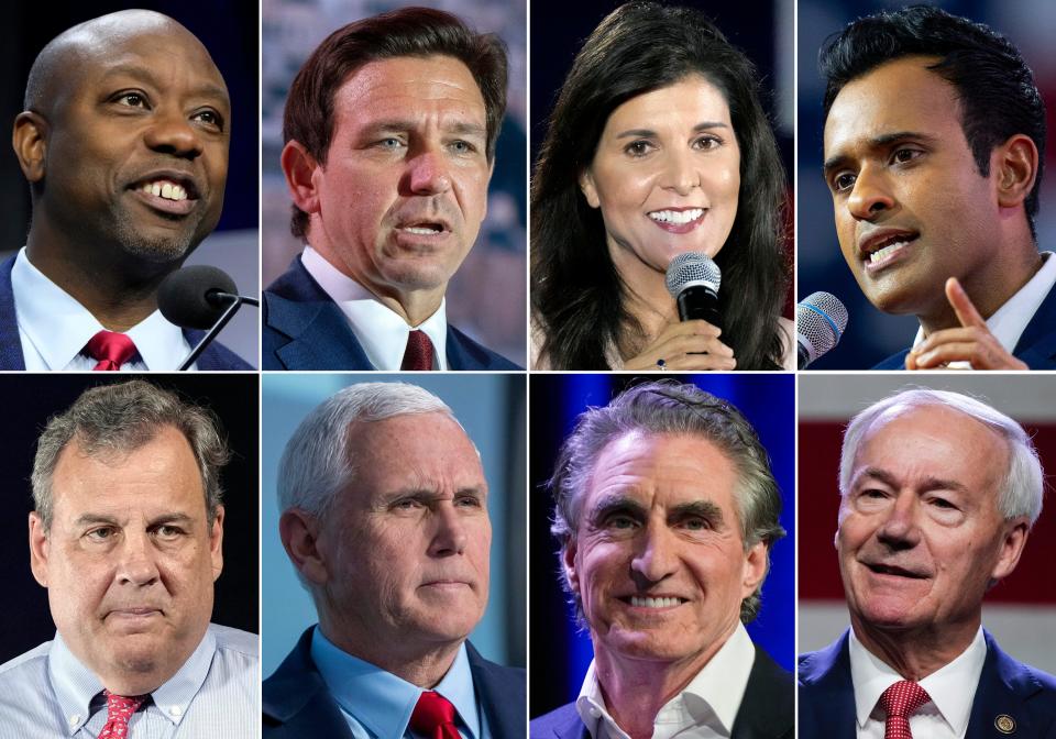 This combination of photos shows Republican presidential candidates expected to participate in the first GOP presidential debate on Aug. 23, 2023 in Milwaukee. Top row from left, Sen. Tim Scott, R-S.C., Florida Gov. Ron DeSantis, former South Carolina Gov. Nikki Haley, and Vivek Ramaswamy, bottom row from left, former New Jersey Gov. Chris Christie, former Vice President Mike Pence, North Dakota Gov. Doug Burgum and Governor Asa Hutchinson.