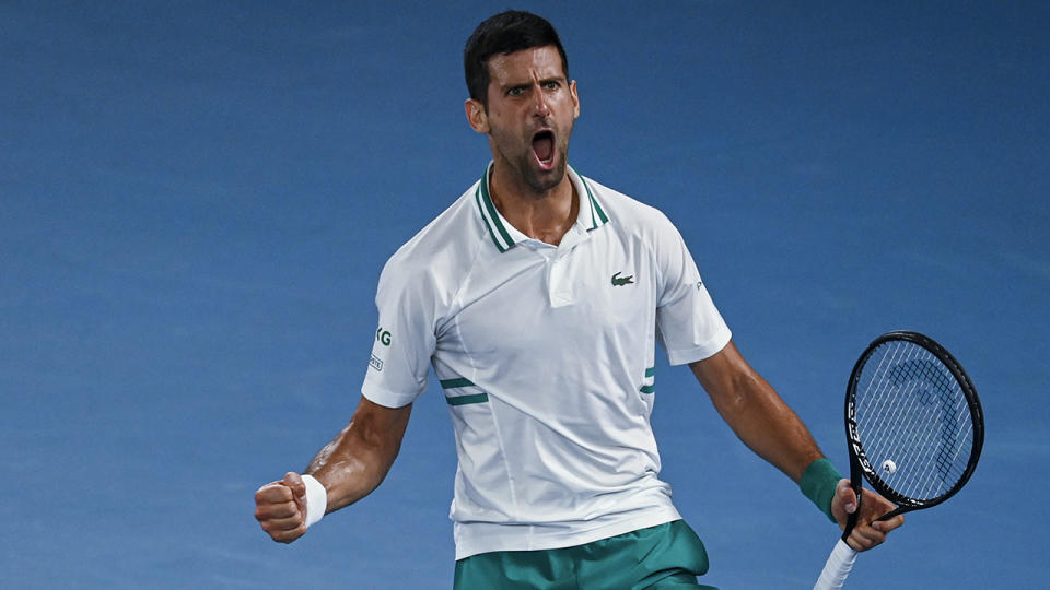 Novak Djokovic dominated Russian qualifier Aslan Karatsev to earn his place in the Australian Open final. (Photo by TPN/Getty Images)