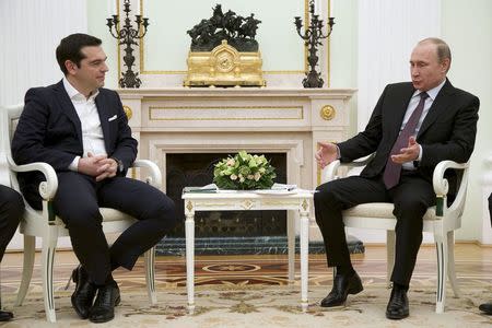Russian President Vladimir Putin (R) meets with Greek Prime Minister Alexis Tsipras at the Kremlin in Moscow, April 8, 2015. REUTERS/Alexander Zemlianichenko/Pool