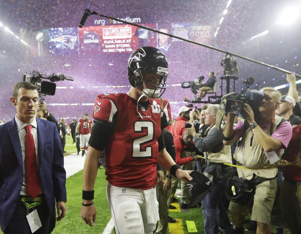 Matt Ryan leaves the field after an unreal loss on the biggest stage. It’s easy to say he’ll regress in 2017, but to what level? That’s the big question. (AP Photo/Tony Gutierrez)