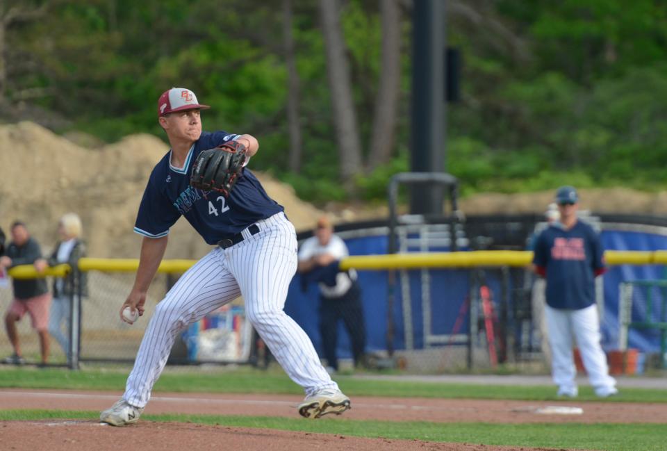 Brewster Whitecap Joseph Mancini makes a pitch to a Bourne Braves player in the first inning.