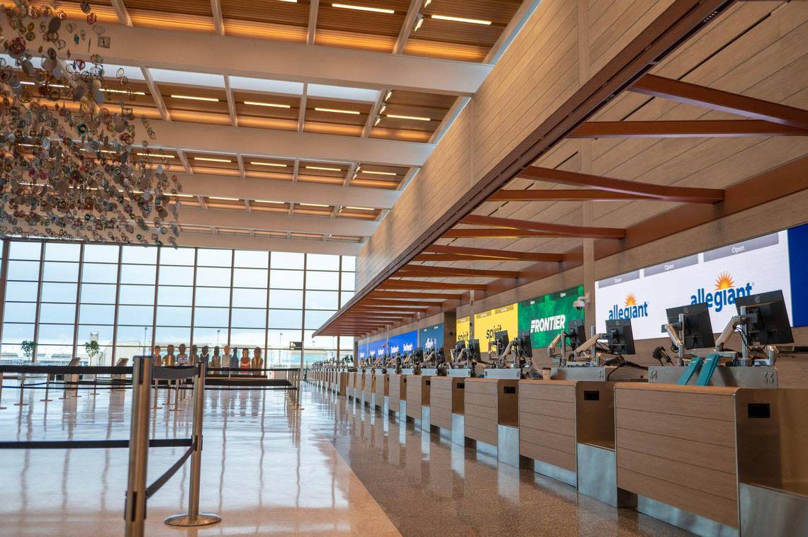 Ticketing booths are seen during a simulation tour at the new single terminal at Kansas City International Airport on Tuesday, Feb. 14, 2023.