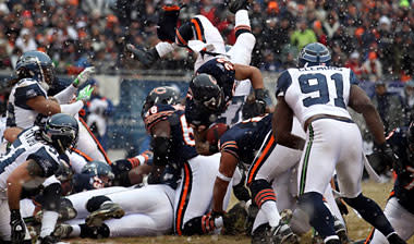 Matt Forte attempts an end zone dive against the Seahawks. The Bears are 10-0 when rushing at least 21 times in a game this season