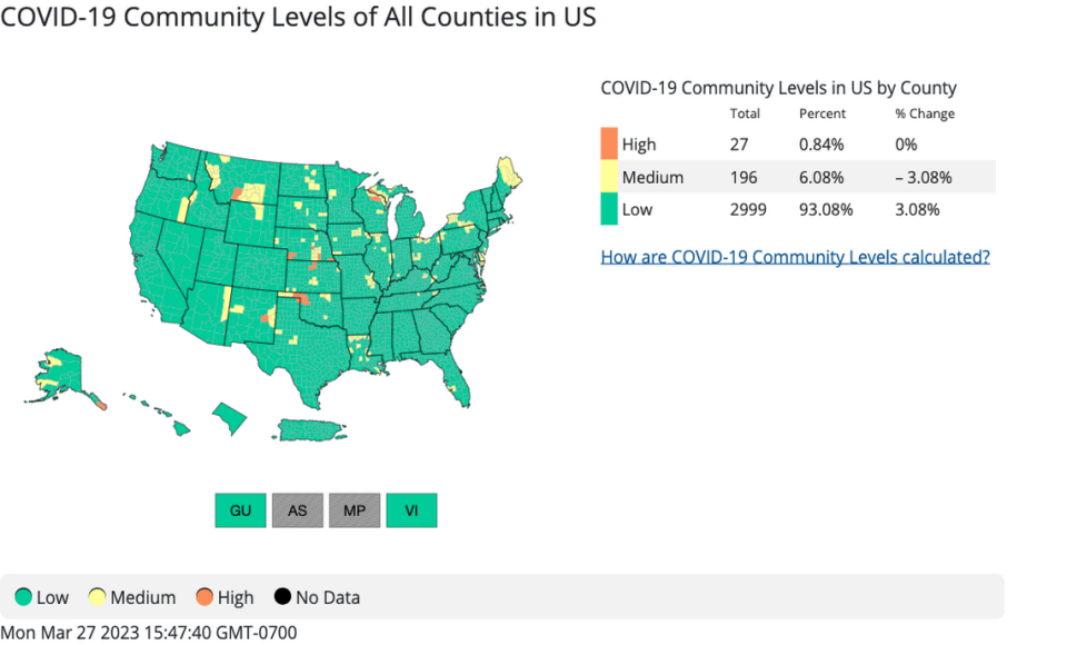 The CDC’s most recent community level rankings of COVID-19.