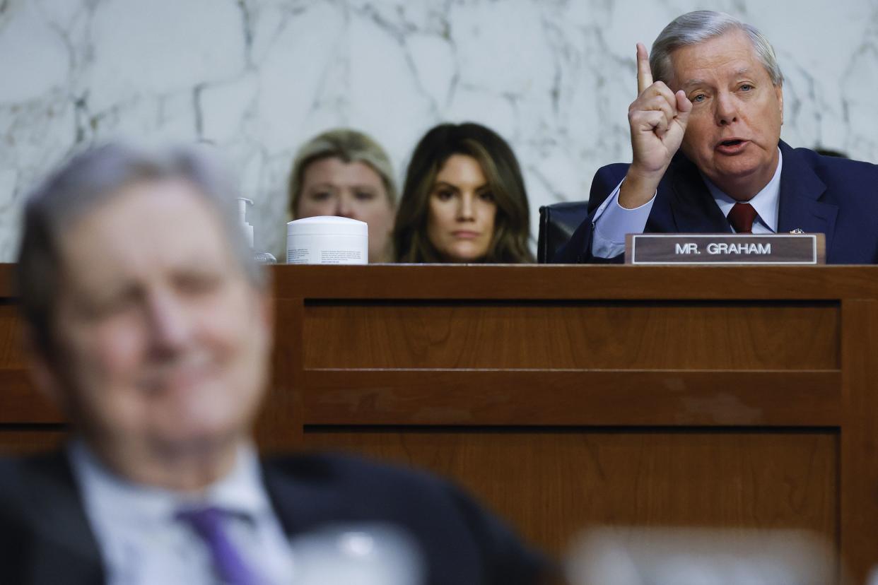 Sen. Lindsey Graham (R) (R-SC) questions U.S. Supreme Court nominee Judge Ketanji Brown Jackson during the third day of her confirmation hearing before the Senate Judiciary Committee in the Hart Senate Office Building on Capitol Hill on March 23, 2022, in Washington, DC.