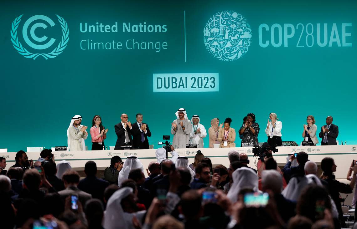 Attendees at COP28 in Dubai applaud themselves after saying important things about fixing global climate change. Xinhua/Sipa USA