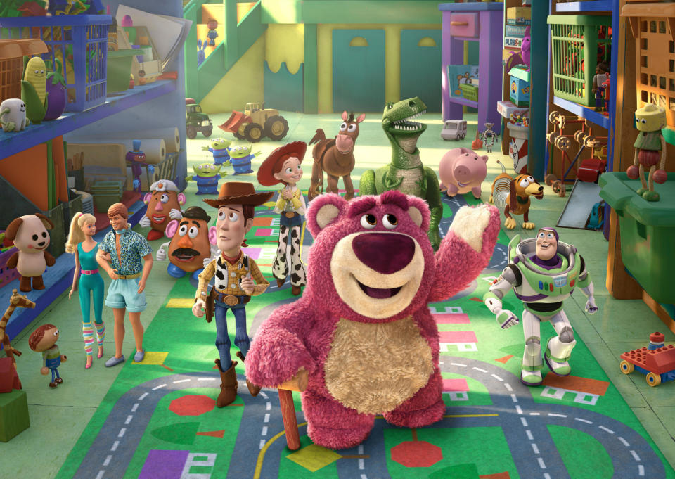 TOY STORY 3   (L-R) Barbie, Ken, Mrs. Potato Head, Mr. Potato Head, Aliens, Woody, Jessie, Bullseye, Lots-o-Huggin Bear, Rex, Hamm, Slinky Dog, Buzz Lightyear   © Disney/Pixar.  All Rights Reserved.