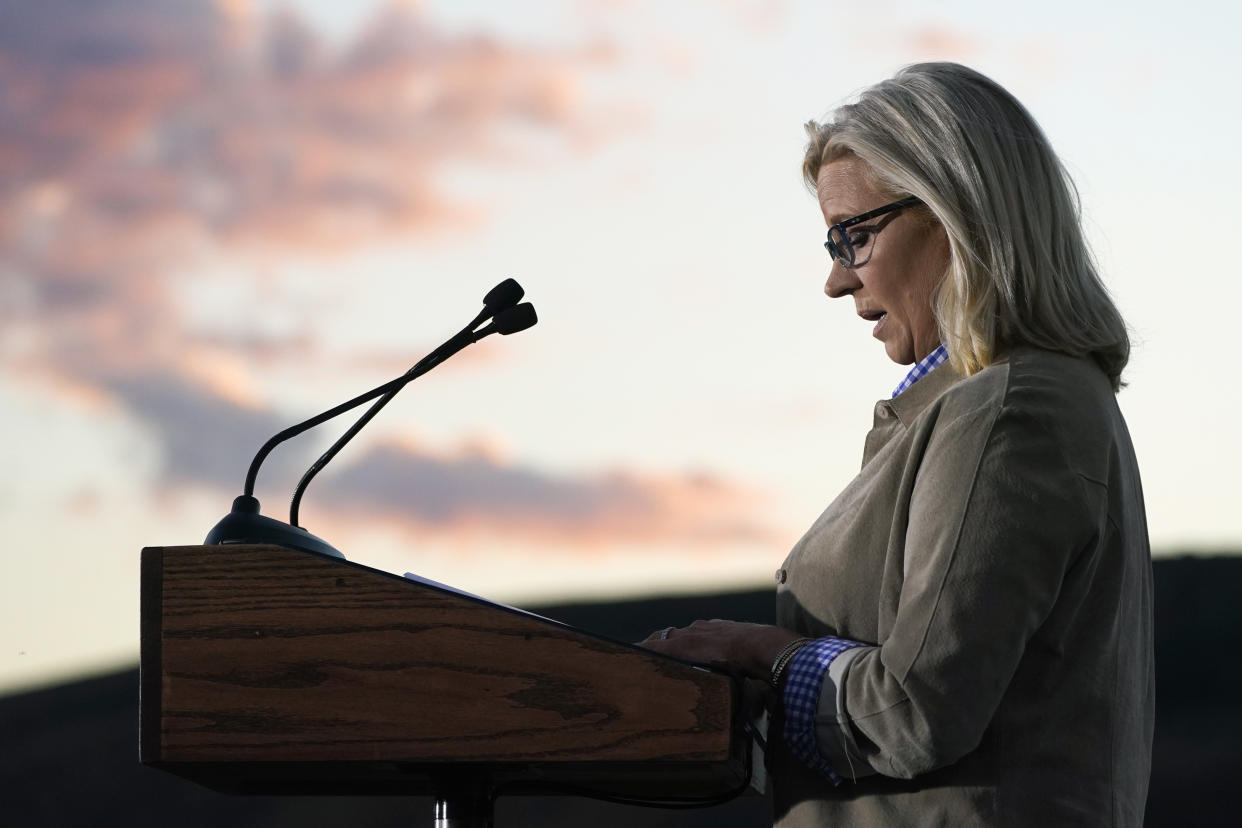 FILE - Rep. Liz Cheney, R-Wyo., speaks Aug. 16, 2022, at a primary Election Day gathering in Jackson, Wyo. Former congresswoman Cheney will give a graduation speech Sunday, May 28, 2023, at Colorado College, a Colorado liberal arts college that is her alma mater, amid questions about her political future and promise to prevent Donald Trump from becoming president again. (AP Photo/Jae C. Hong, File)