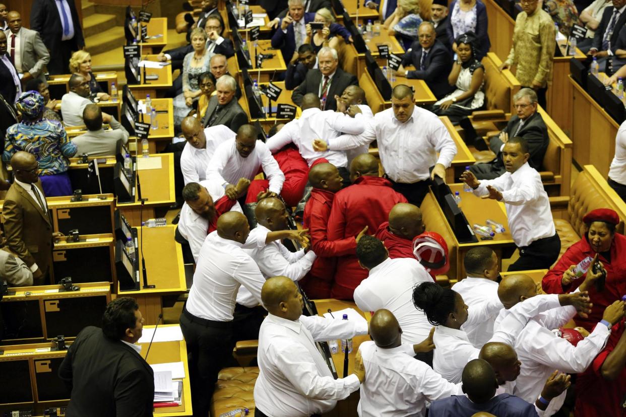 Brawl: A fistfight erupted in the South African parliament: EPA