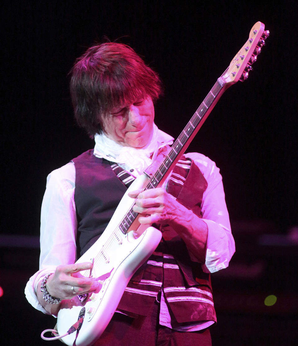 FILE - Guitarist Jeff Beck performs in concert at the Strand-Capitol Performing Arts Center on April 25, 2015, in York, Pa. Beck, a guitar virtuoso who pushed the boundaries of blues, jazz and rock ‘n’ roll, influencing generations of shredders along the way and becoming known as the guitar player’s guitar player, died Tuesday, Jan. 10, 2023, after “suddenly contracting bacterial meningitis,” his representatives said in a statement released Wednesday. He was 78. (Photo by Owen Sweeney/Invision/AP, File)