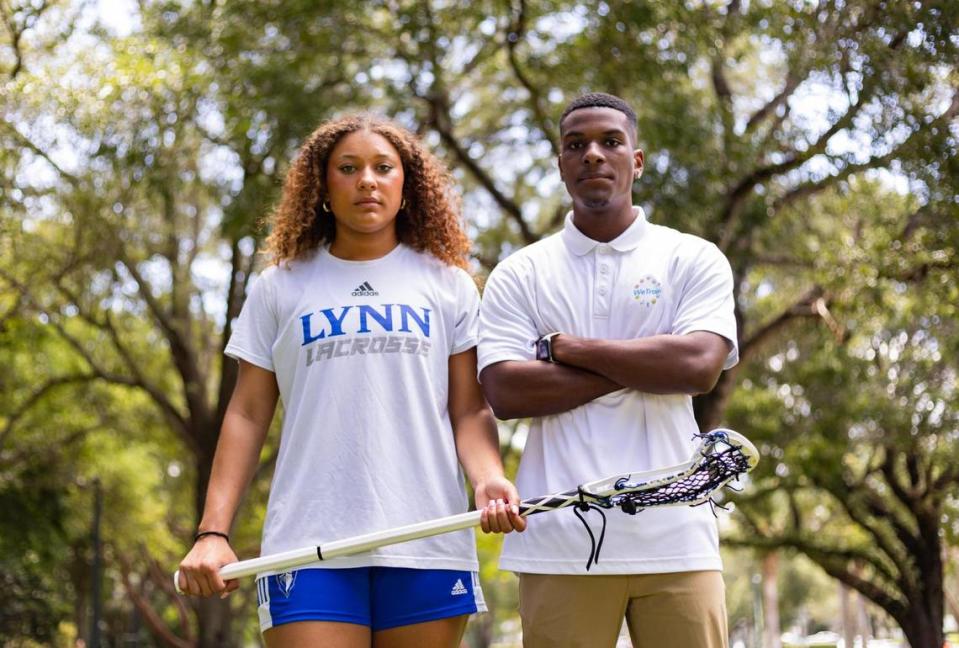 Sydney Hill, 21, and Maurice Manswell, 20, pose for a photo at the University of Miami campus on Wednesday, Aug. 16, 2023 in Coral Gables, Fla. Manswell created the app WeTrain, which connects parents of student athletes with trainers, like Hill, who are college and professional athletes.