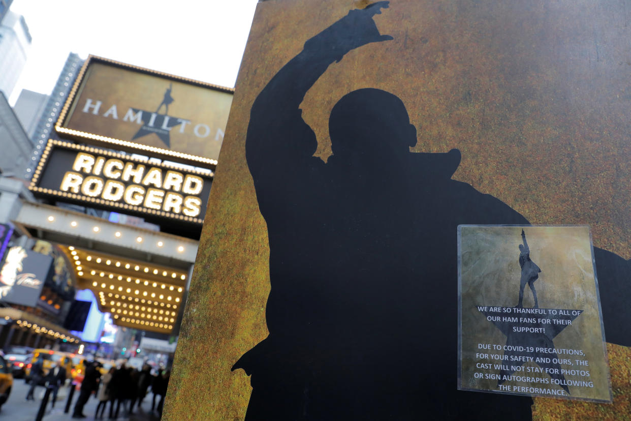 Signage regarding the coronavirus is seen on the stage door to the show Hamilton at the Richard Rodgers theater as Broadway shows announced they will cancel performances due to the coronavirus outbreak in Manhattan, New York City, New York on March 12, 2020. (Andrew Kelly/Reuters)